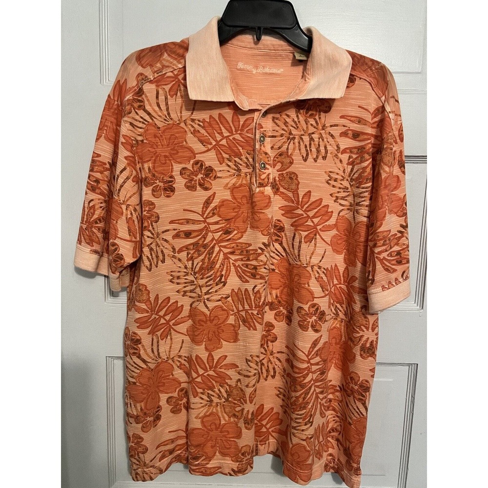 Tommy Bahama Polo Shirt Men Size L Orange Floral Short Sleeve Casual Beach